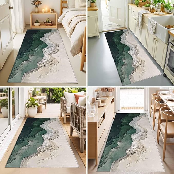 Runner Rug for Bedroom Hallway, Rustic Green Gray White Mountain Range Kitchen Runner Rugs Area Rug 2x6ft, Abstract Art Washable Soft Floor Carpet for Entryway Stair