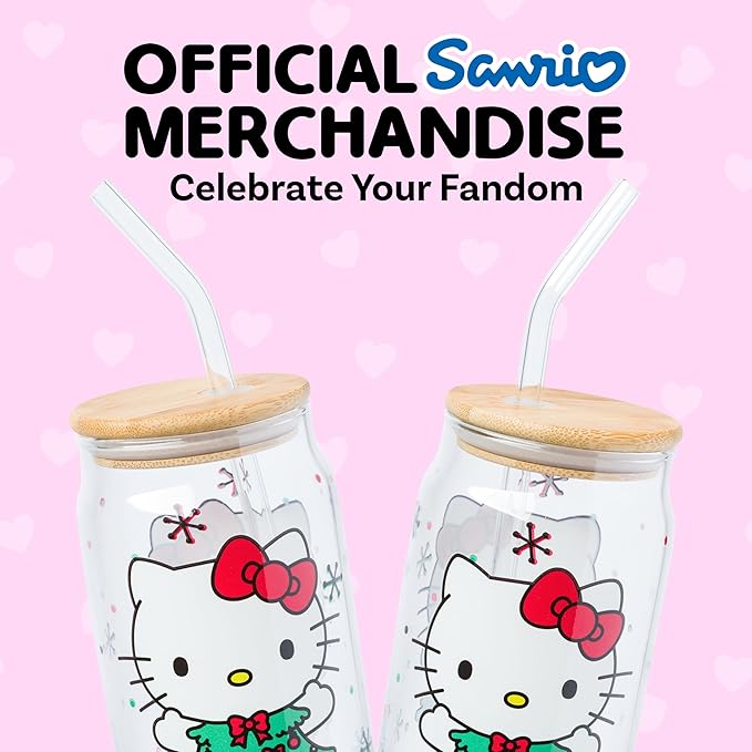 Silver Buffalo Sanrio Hello Kitty Holiday Glass Tumbler with Bamboo Lid and Glass Straw, 16 Ounces