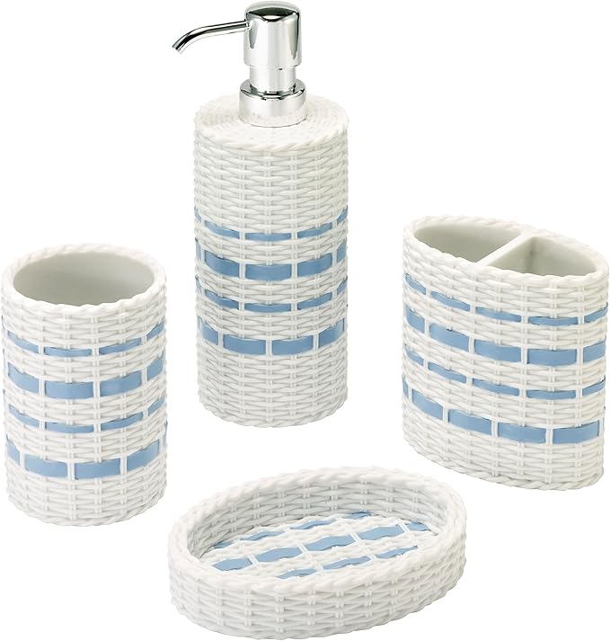 Izod – Bathroom Accessory Set, Hand-Painted Resin with Woven Wicker Look & Striped Design, Decorative Lotion Pump, Soap Dish, Toothbrush Holder & Tumbler (Savannah)