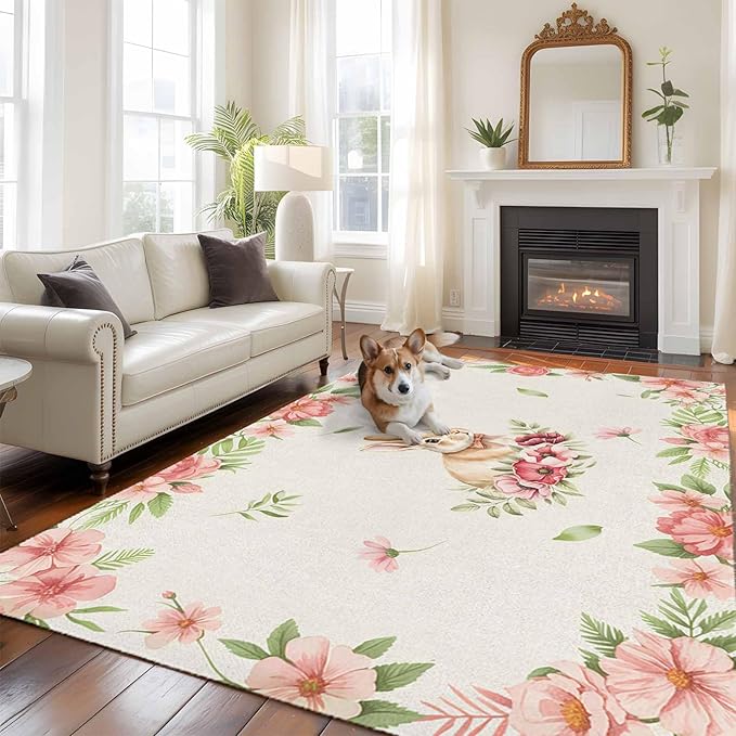 Area Rug 6x9ft, Retro Easter Rabbit on Linen Washable Rugs for Living Room Bedroom, Spring Pastoral Pink Flower Leaf Soft Non-Slip Area Rugs Rectangle Floor Carpet for Dining Room