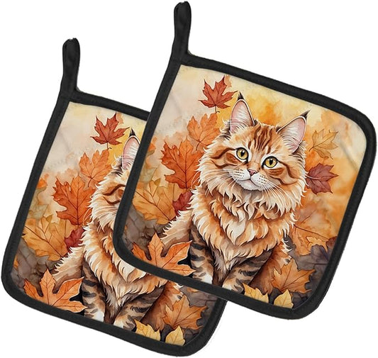 Caroline's Treasures Skookum Cat in Fall Leaves Pair of Pot Holders Kitchen Heat Resistant Pot Holders Sets Oven Hot Pads for Cooking Baking BBQ, 7 1/2 x 7 1/2