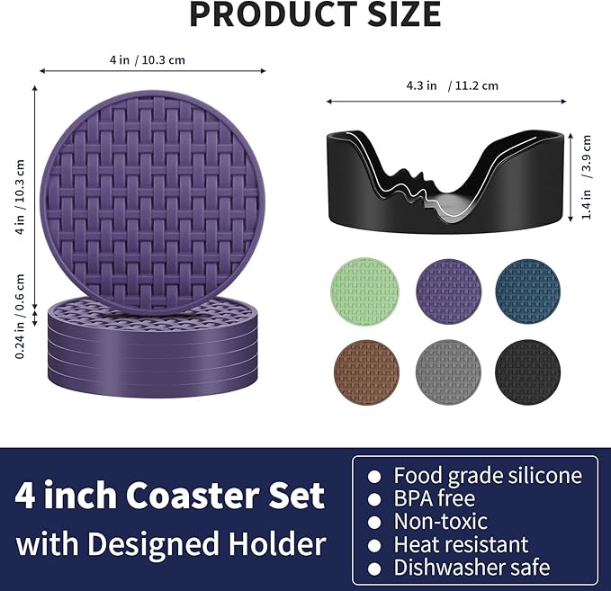 Purple Silicone Coasters with Holder, 4 Inch Non-Slip Decorative Drink Coasters, Heat-Resistant & Waterproof Round Cup Mats Set of 6 for Home, Office, Kitchen, Bar & Table - Housewarming Gift