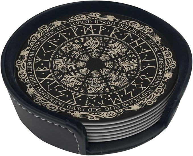 Black Viking Magical Leather Drinks Coasters with Holder, Set of 6, Suitable for Various Cups