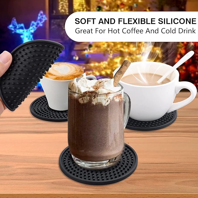 Silicone Coasters for Drinks, Non‑Slip Spill‑Proof Heat Resistant Coasters Set of 4, Reusable Washable Table Protection for Home Decor Kitchen Office, Bar(4Pack,Black)