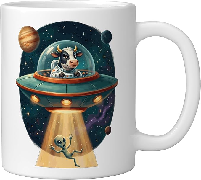 Funny Cow Astronaut UFO Abducting Alien Space Graphic Ceramic Mug, White