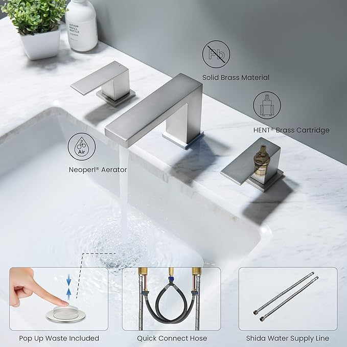 KIBI 2-Handle Cube Bathroom Sink Faucet with Drain Assembly | 3-Hole Installation, Solid Brass Construction | 8-Inch Widespread Lavatory Faucet | Brushed Nickel, KBF1024