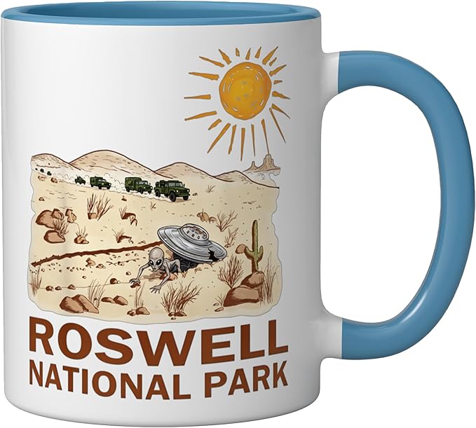 Roswell National Park UFO Flying Saucer Crash 1947 UAP Alien Ceramic Mug, Blue/White