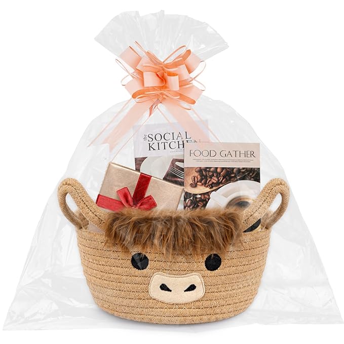 Highland Cute Cow Basket, Small Woven Rope Gift Basket with Bag Bow and Card, Empty Ribbon Cotton Storage Bin with Handles, Baby Shower 0rganizer Nursery Wedding Oval Shelves Decorative Bin