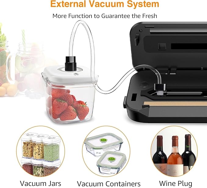 MEGAWISE Vacuum Sealer, 80kPa Suction, One-Touch Automatic, Dry & Moist Modes, 12-Inch Sealing, Vacuum Sealer for Food, Chef Preserve Compact Vacuum Sealer, Built-in Cutter, Black