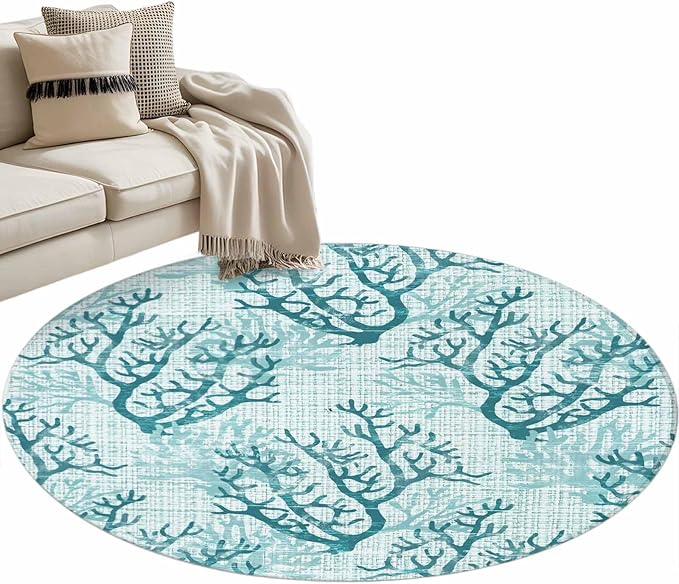 Washable Round Area Rug Coastal Sea Coral Retro Linen Circle Rugs Floor Carpet for Living Room Bedroom, Underwater Ocean Life Soft Non Slip Round Rug 3ft