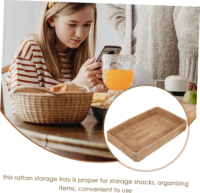 HEALLILY Rectangular Rattan Tray 14.76X9.25X1.96In Hand Woven Decorative Storage Organizer Serving Tray for Kitchen Coffee Table Bathroom