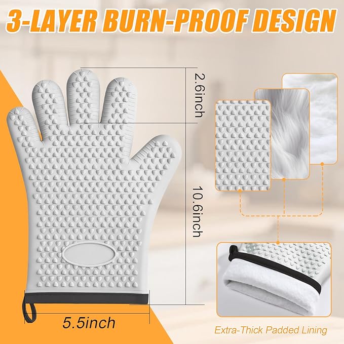 2Pack Heat Resistant Oven Mitts for Grilling and Baking, Non-Slip Silicone Gloves, Waterproof Kitchen Mitts with Flexible Fit & Easy to Clean Design, Gray
