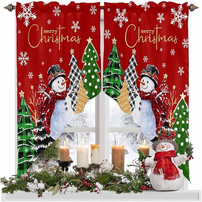 Merry Christmas Swag Valance Curains Snowflake Green Xmas Tree Snowman Red Rod Pocket Kitchen Curtains Scalloped Window Treatment Valances Swag for Living Room Bedroom, 1 Pair, 28"W x 36"L