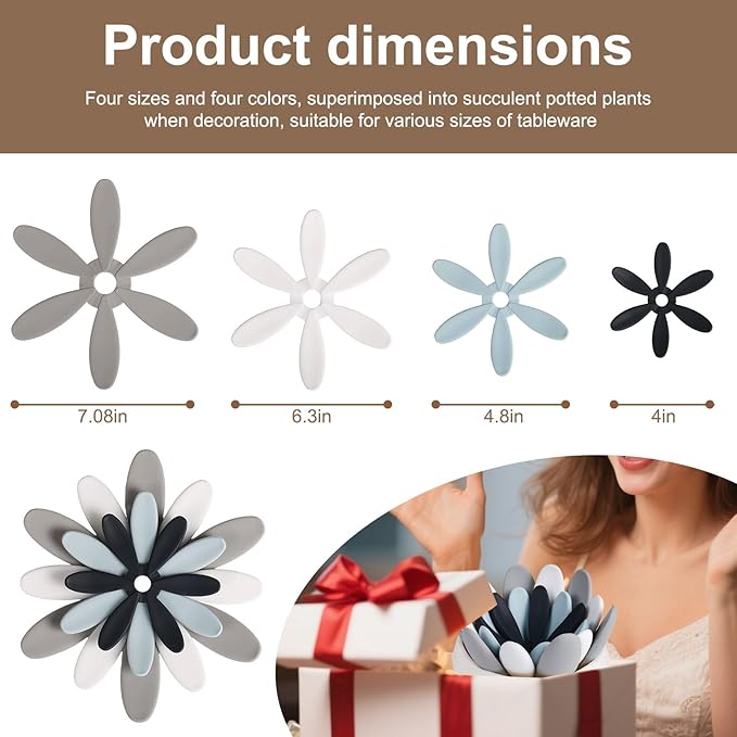 Silicone Succulent Cup Coasters Set of 4, Colorful Trivet Mats, Hot Pads for Pots Pans, Foldable Heat Resistant Coasters with Holder, Multipurpose Kitchen Table Protection (Grey White Navy Blue Blue)