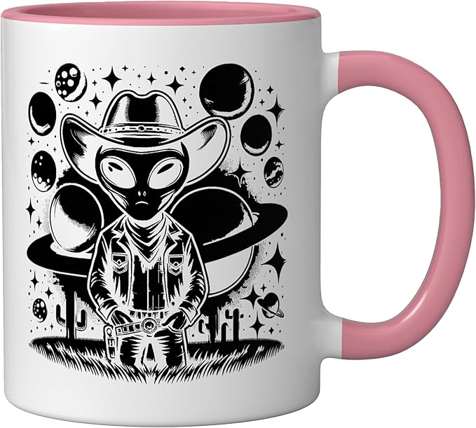 Alien Lover Flying Saucer UFO Extraterrestrial Cowboy Ceramic Mug, Pink/White