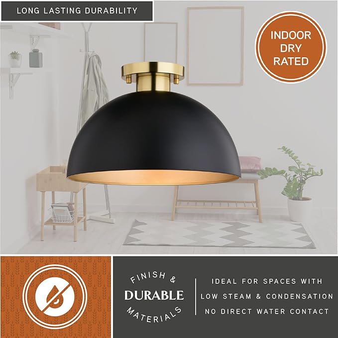 VAXCEL Devon 12.75 inch Matte Black and Satin Brass Semi Flush Ceiling Light, Mid-Century Modern Design, Large Open Dome, Dimmable, E26 LED Compatible, Mounting Hardware Included
