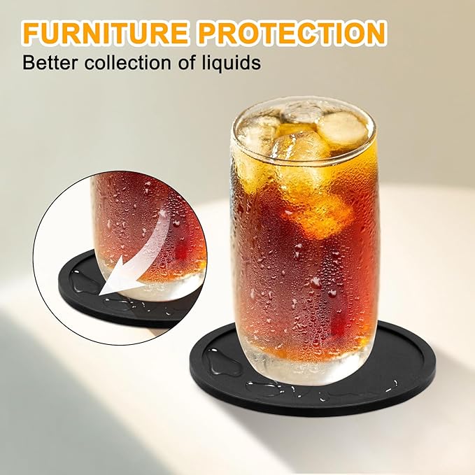 Silicone Coasters Set of 12 with Holder, Drinking Coasters - Cup Mat for Hot or Cold Drinks,Beer,Coffee, Thickened, Non-Slip, Non-Stick, Deep Tray Black
