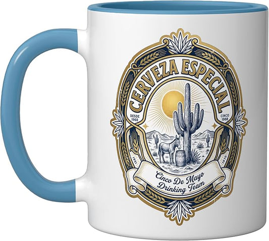 Beer Label Cerveza Cinco De Mayo Drinking Team Ceramic Mug, Blue/White
