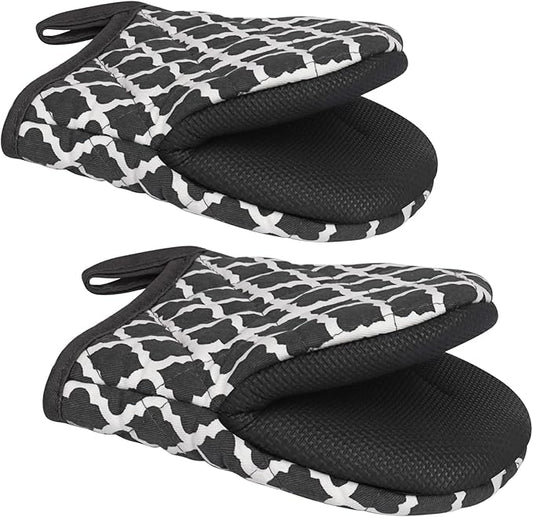 Short Oven Mitts, Heat Resistant 500°F, Silicone Grip Kitchen Gloves, Non-Slip for Baking, Grilling, BBQ, Machine Washable with Hanging Loop, 2-Pack Set, White Checkered Pattern