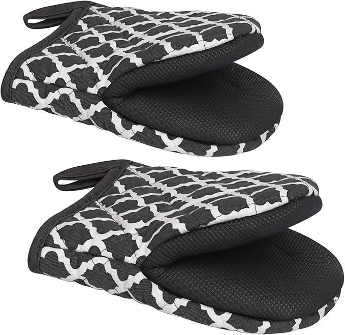 1 Pair Short Oven Mitts - Silicone Kitchen Oven Gloves High Heat Resistant 500℉, Mini Oven Mits with Non-Slip Grip Surfaces and Hanging Loop for BBQ, Baking, Cooking and Grilling (Dark Gray)