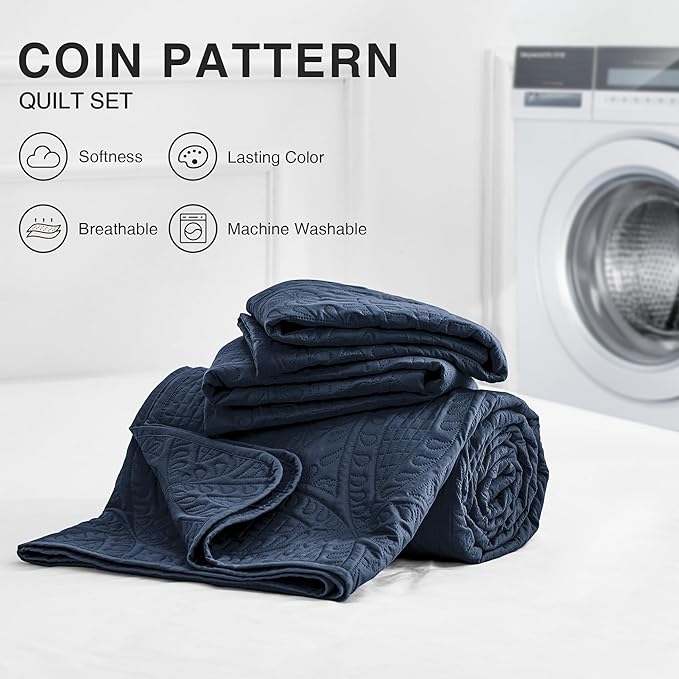 Love's cabin Oversized King Size Quilt Bedding Set Navy Bedspreads - Oversized King Lightweight Bedspread Comforter - Coin Pattern Coverlet for All Season - 3 Pieces (1 Quilt, 2 Pillow Shams)