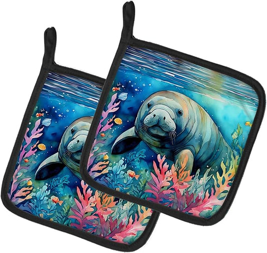 Caroline's Treasures Manatee Pair of Pot Holders Kitchen Heat Resistant Pot Holders Sets Oven Hot Pads for Cooking Baking BBQ, 7 1/2 x 7 1/2