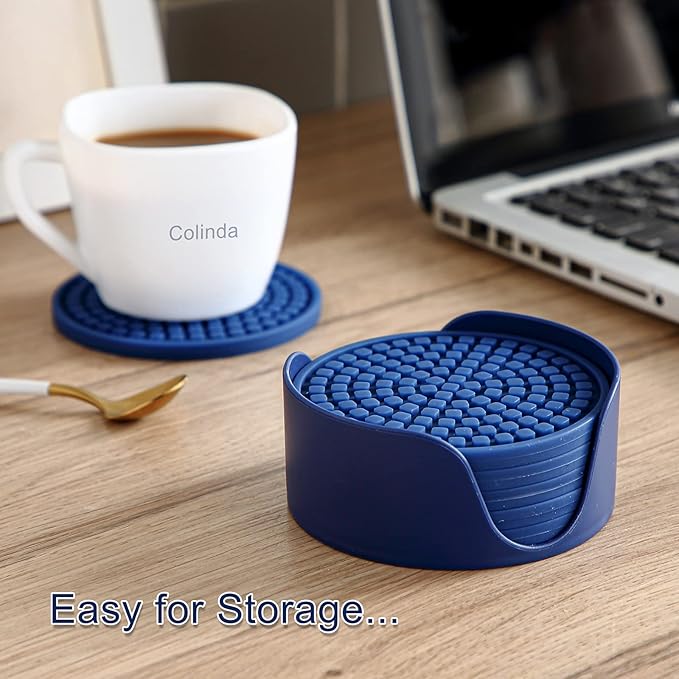 Colinda Silicone Drink Coasters with Holder, Set of 6, for Tabletop Protection and Office Desk, Cup Mat Set for Home Decor, Non-Slip and Non-Stick,Round,4 Inch,White