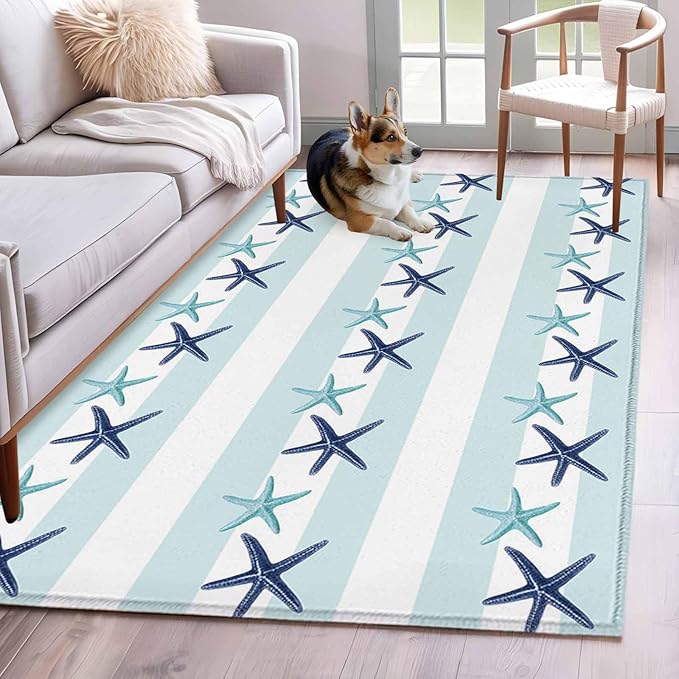 Area Rug 4x6ft, Summer Coastal Starfish Blue Teal Washable Rugs for Living Room Bedroom, Watercolor Ocean Theme Stripe Soft Non-Slip Area Rugs Rectangle Floor Carpet for Dining Room