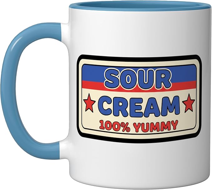 Sour Cream 100% Yummy Retro Food Label Vintage Snack Ceramic Mug, Blue/White