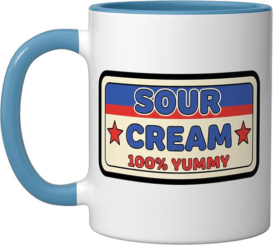 Sour Cream 100% Yummy Retro Food Label Vintage Snack Ceramic Mug, Blue/White