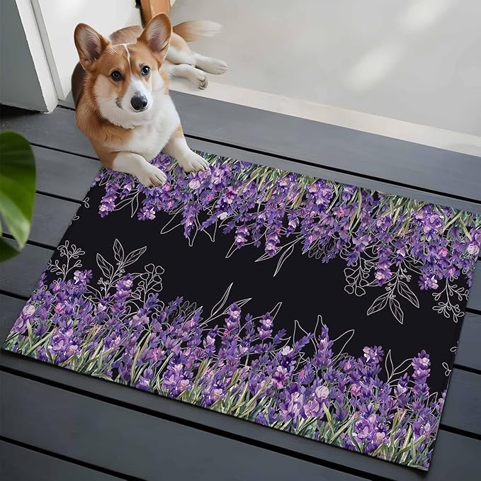 Area Rug 2x3ft, Spring Purple Lavender Flower Washable Rugs for Living Room Bedroom, Watercolor Floral on Black Soft Non-Slip Area Rugs Rectangle Floor Carpet for Dining Room