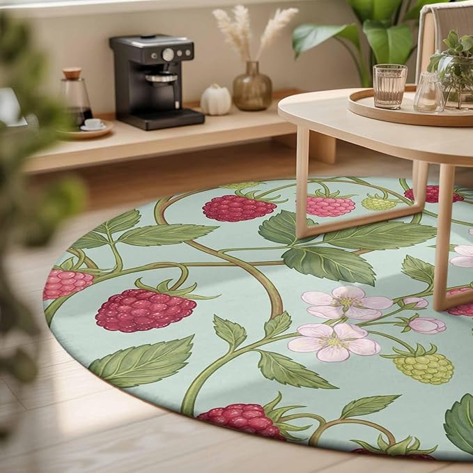 Washable Round Area Rug Farmhouse Berry Red Pink Blossoms Flower Circle Rugs Floor Carpet for Living Room Bedroom, Green Leaves Soft Non Slip Round Rug 3ft