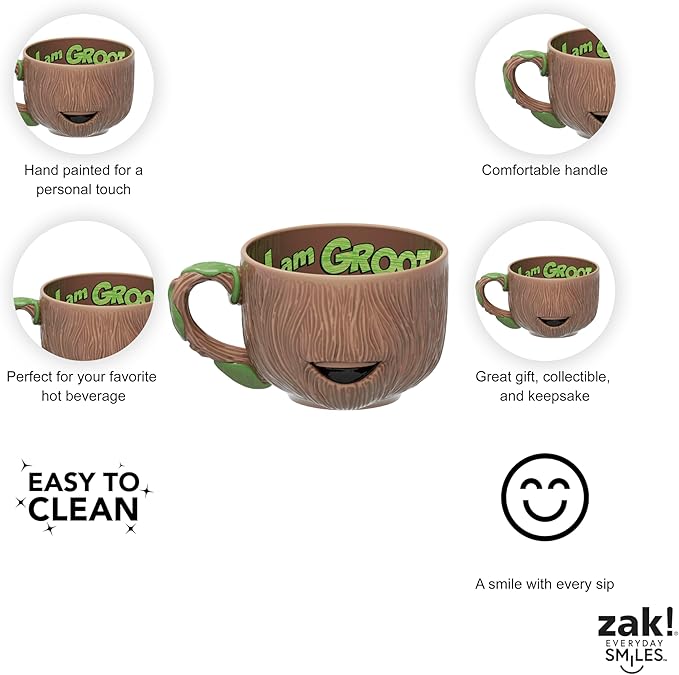 Zak Designs Marvel Guardians of the Galaxy Sculpted Ceramic Coffee Mug for Hot Drinks, Collectible Keepsake with Unique 3D Character (16.5 oz, Groot)