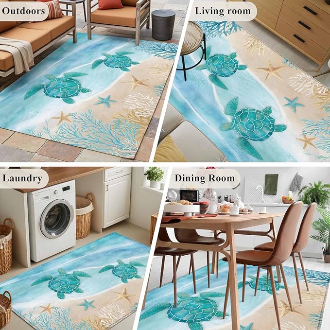 Area Rug 3x5ft, Sea Turtle Starfish Coral Washable Rugs for Living Room Bedroom, Summer Seaside Ocean Life Soft Non-Slip Area Rugs Rectangle Floor Carpet for Dining Room