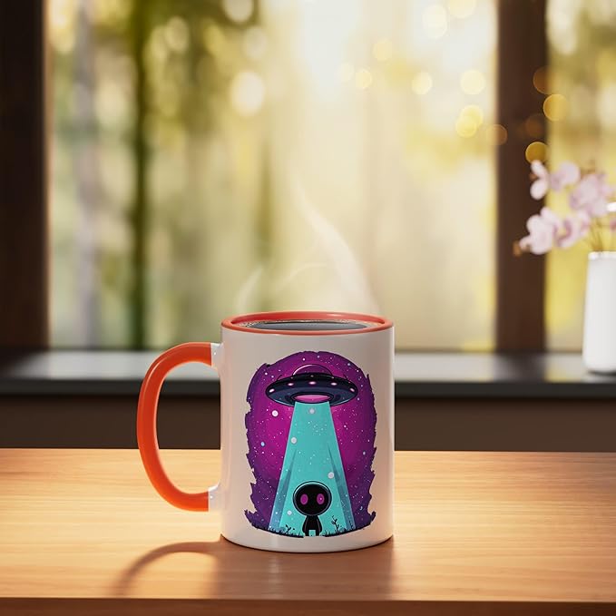 Cute Alien Abduction UFO Retro Space Sci Fi Kawaii Ceramic Mug, Orange/White