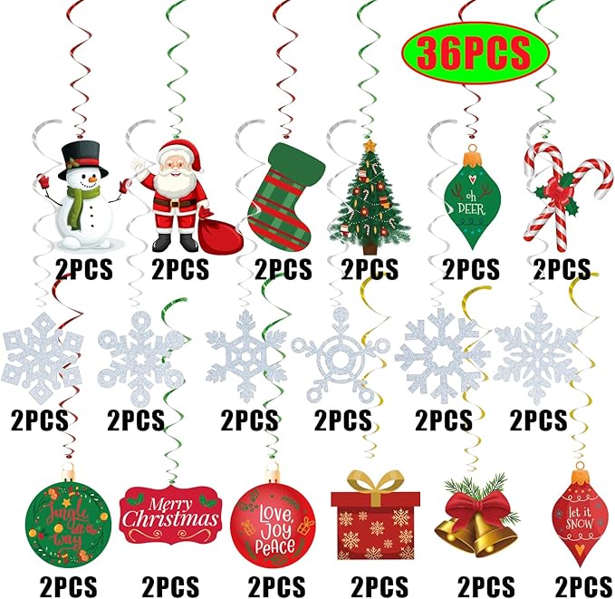 GOER 36 Pcs Christmas Decorations,Hanging Swirls for Christmas Party Supplies