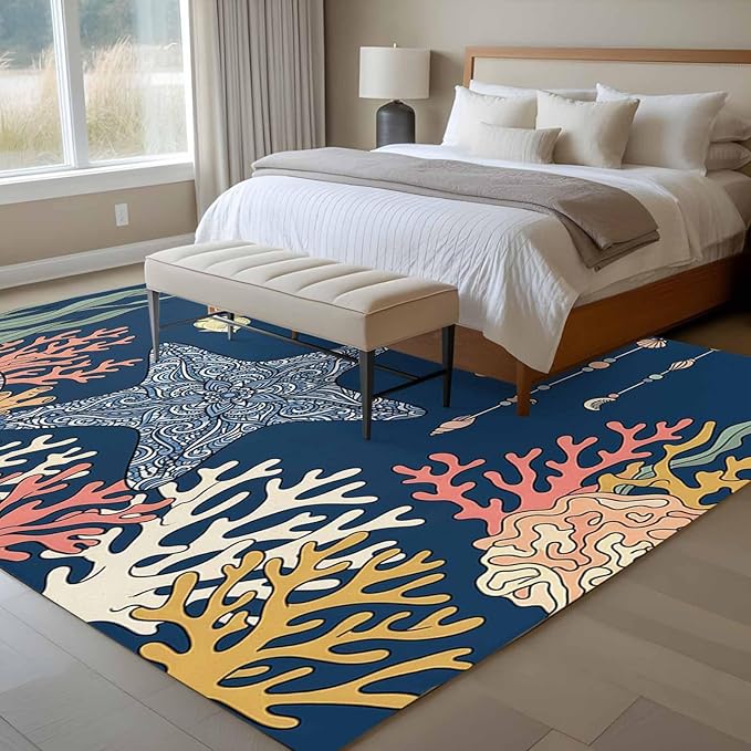 Area Rug 8x10ft, Ocean Starfish Coral Fish Washable Rugs for Living Room Bedroom, Underwater Creature on Navy Blue Soft Non-Slip Area Rugs Rectangle Floor Carpet for Dining Room