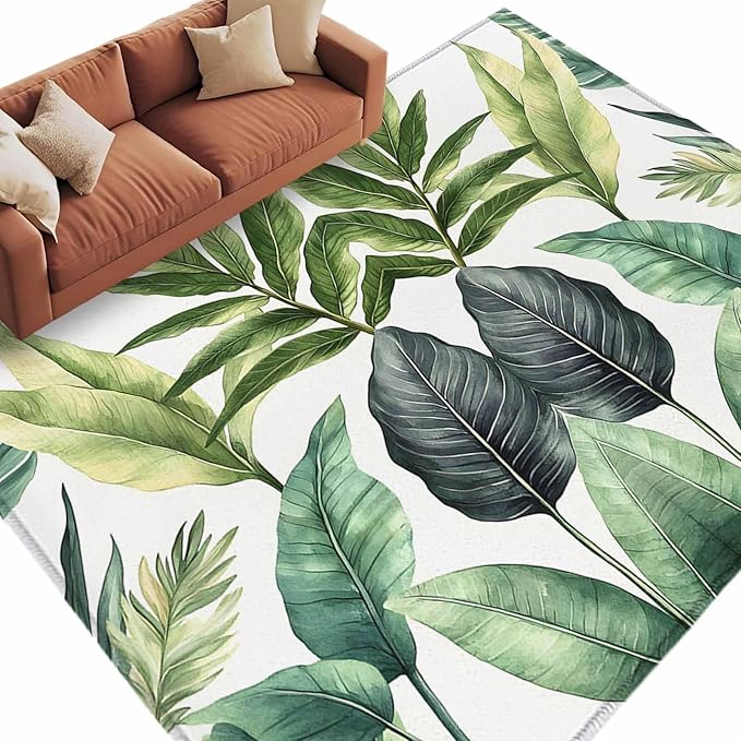 Area Rug 6x9ft, Summer Green Tropical Palm Leaves Washable Rugs for Living Room Bedroom, Watercolor Plant Soft Non-Slip Area Rugs Rectangle Floor Carpet for Dining Room