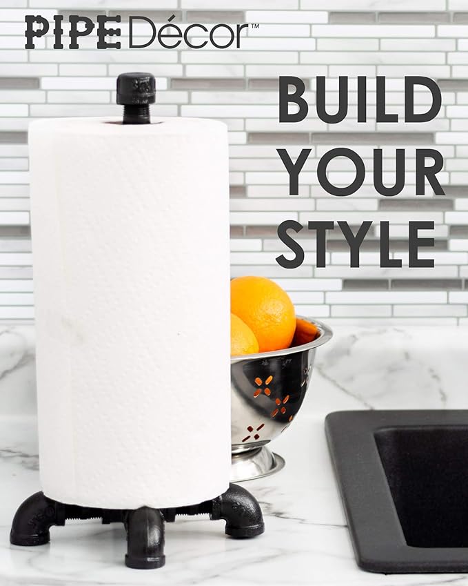 Pipe DÉCOR Black Electroplated Industrial Paper Towel Holder, Rustic Kitchen Farmhouse Decoration, Durable Metal Base and Stand Set