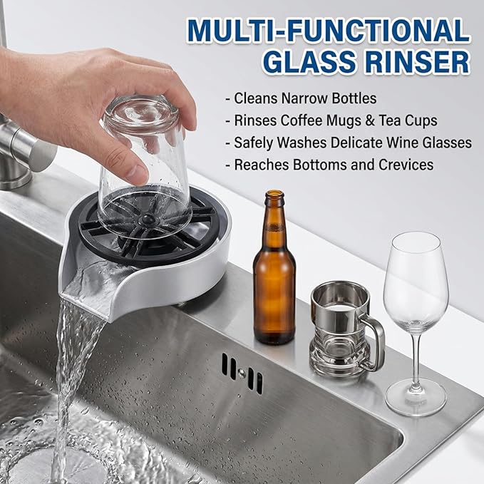 Automatic Glass Rinser for Kitchen Sink, Stainless Steel Cup Washer with G1/2 Thread, Professional Corrosion-Resistant Pressure Glass Washer, ABS Plastic Base