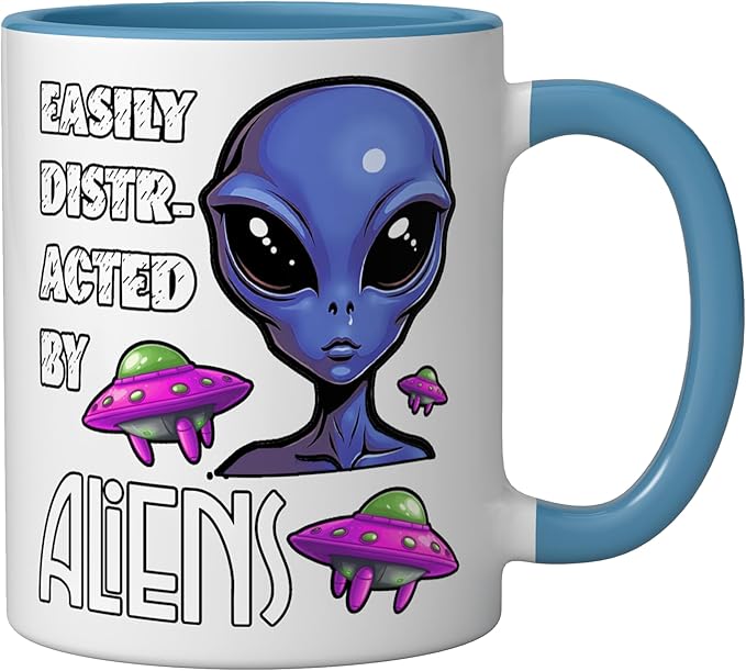 Easily Distracted By Aliens Funny Sci Fi Apparel Design Ceramic Mug, Blue/White