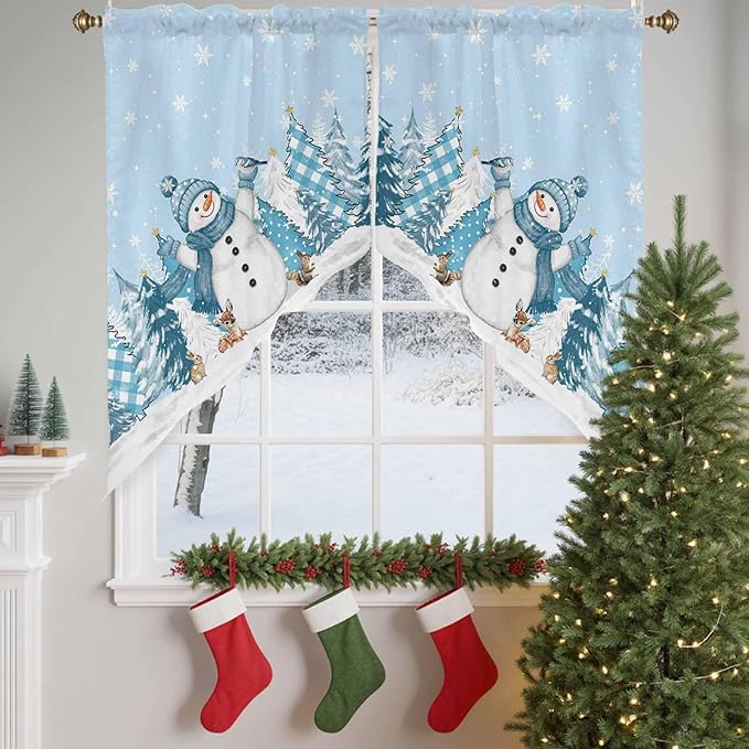 Christmas Snowman Swag Valance Curains Winter Xmas Tree Snowflakes Sky Blue Rod Pocket Kitchen Curtains Scalloped Window Treatment Valances Swag for Living Room Bedroom, 1 Pair, 36"W x 45"L