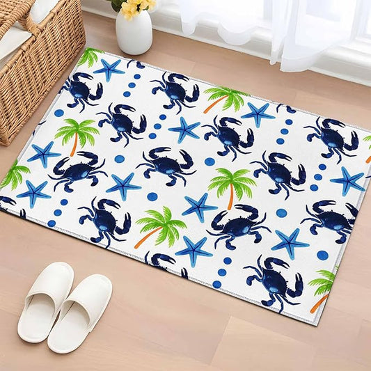 Area Rug 2x3ft, Abstract Blue Crab Starfish Washable Rugs for Living Room Bedroom, Watercolor Palm Tree Soft Non-Slip Area Rugs Rectangle Floor Carpet for Dining Room