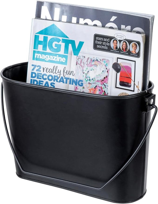 MyGift Modern Industrial Matte Black Metal Wall Mountable Bathroom Magazine Holder, Hanging or Tabletop Bucket Style Storage Bin - Handcrafted in India