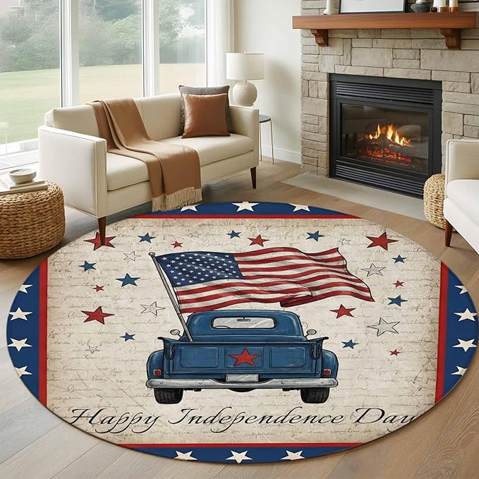 Washable Round Area Rug Happy Independence Day USA Flag Circle Rugs Floor Carpet for Living Room Bedroom, Retro Blue Truck Soft Non Slip Round Rug 5ft