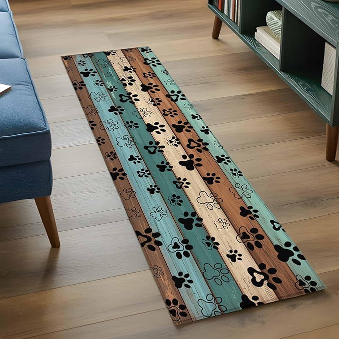 Runner Rug for Bedroom Hallway, Farm Brown Wood Board Kitchen Runner Rugs Area Rug 2x6ft, Dog Paw Print Animal Footprint Washable Soft Floor Carpet for Entryway Stair