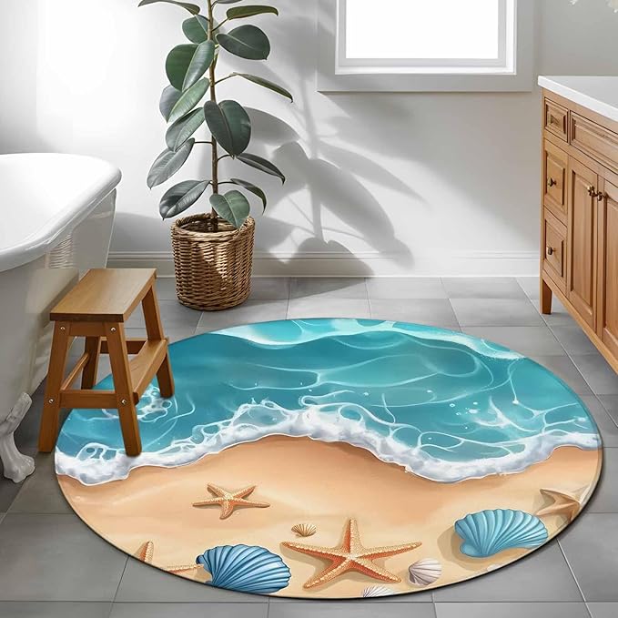 Washable Round Area Rug Summer Beach Shell Starfish Circle Rugs Floor Carpet for Living Room Bedroom, Marine Life Cartoon Style Soft Non Slip Round Rug 3ft