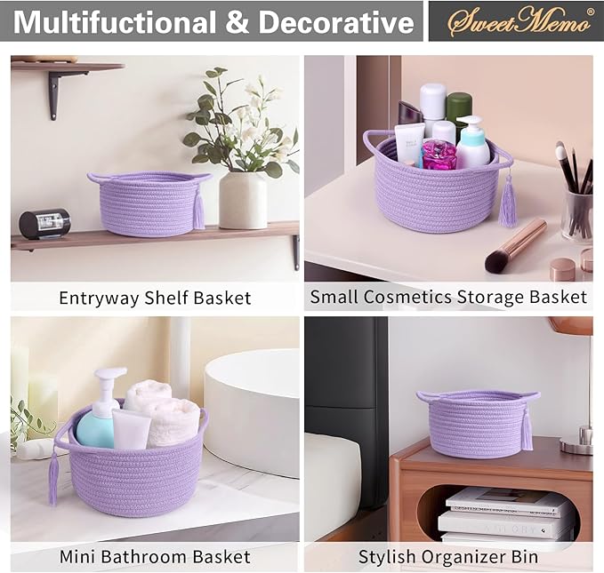 Small Purple Basket, Cute Woven Gift baskets Empty with Cellophane Wrap set for Girl, Decorative Cotton Rope violet Container Bin, Little Makeup Holder for Bathroom, Vanity, Cosmetics – lavender