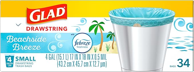 Glad Odorshield Small Drawstring Trash Bags, 4 Gal, Febreze Beachside Breeze, 34 Ct, Pack May Vary (Pack of 2)
