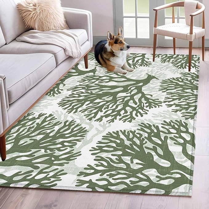 Area Rug 4x6ft, Deep Forest Green Corals Washable Rugs for Living Room Bedroom, Retro Marine Life Soft Non-Slip Area Rugs Rectangle Floor Carpet for Dining Room
